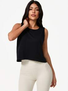 Leorrey 1pc Women's Fashion Round Neck Sleeveless Loose Cover-Up Soft Comfortable Sports Tank Top - Black - View 7