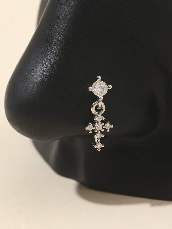 1pc Fashionable Stainless Steel Cubic Zirconia Cross Pendant Nose Stud For Women's Body Jewelry