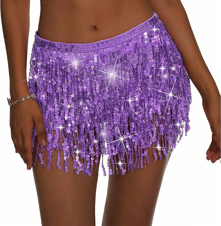Halloween Halloween Essentials Party Limited Edition Women's Belly Dance Scarf Skirt Sparkly Tassel Disco Outfits Sequin Wrap Rave Costumes Fringe Skirt - 紫色 - 查看 1