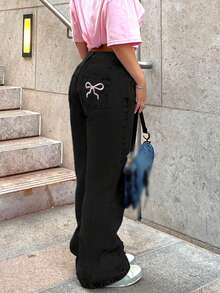 Quần jeans nữ ống đứng màu sáng cổ điển với túi sau thêu họa tiết, thích hợp mặc hàng ngày, màu đen mùa xuân. - màu đen - Xem 5