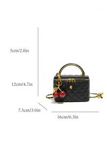 New Classic Versatile Solid Color Square Box Bag, Quilted Square Bag, Handbag, Cherry Pendant Decor Design, Zipper Closure Shoulder Bag, Metal Buckle Decor Shoulder Bag, Suitable For Travel, Shopping, Party And Date. - Black - View 7