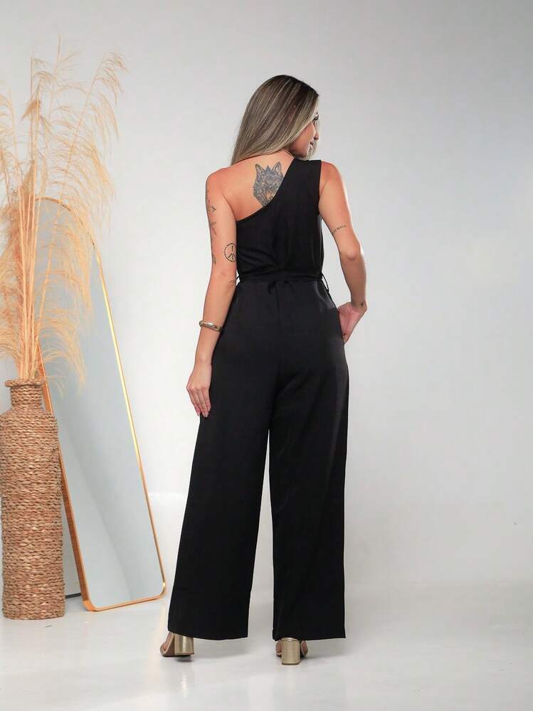 Women's Elegant One-Shoulder Jumpsuit With Pockets And Tie Belt C3152 - màu đen - Xem 2
