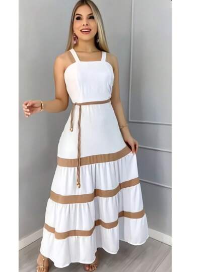 Vestido  Striped Longo Liso  Feminina Bicolor com forrto Casual Tecido Duna
