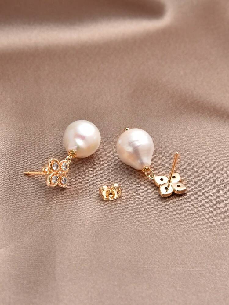1 对 18K 镀金天然珍珠泪滴四叶草耳环，适合女性日常、晚会、节日穿着，送给她的礼物 - 白色 - 查看 4
