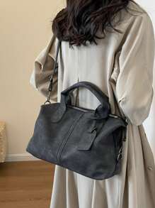 新款复古PU皮女士手提包，时尚拉链单肩包，配可拆卸肩带，女士工作旅行二合一包，灰色、黑色、绿色 - 黑色 - 查看 6
