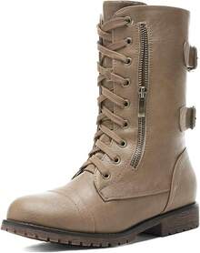 Mid Calf Lace-Up Military Combat Boots - Women's Functional Wallet Pocket Boots - Khaki - View 1