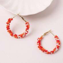 1 Pair Summer Colorful Beaded Earrings, Fashion Gradient Bead C-Shape Earrings, Stylish Vacation Vibe Essential