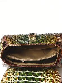 Classic Solid Color Mini Square Handbag, Crocodile Pattern Top Handle Bag For Women - 1#綠色+棕色 - 查看 6