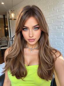 棕色高光渐变浪漫 22 英寸长波浪发带刘海合成假发，适合女性日常使用派对度假节日自然浪漫性感优雅简约休闲万圣节圣诞节角色扮演耐热假发角色扮演派对假发，适合时尚女性日常学校穿着