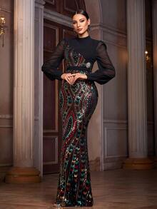 女士派对亮片装饰薄纱长袖拼接连衣裙婚礼黑色春季 - 黑色 - 查看 5