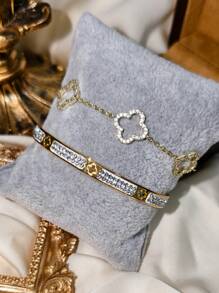4pcs Luxury Stainless Steel Rhinestone Clover & Star Bangle Bracelet Set, Vintage Elegant Jewelry Suit For Women, Suitable For Daily Wear, Gift, Party, Fashionable Christmas Present - Gold - View 9