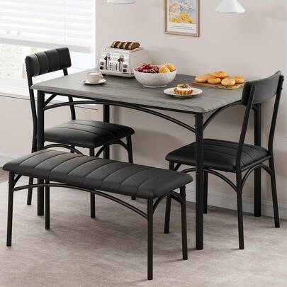 Dragonpad Ensemble de table à manger pour 4 personnes, table de cuisine rectangulaire avec chaises, ensemble de table à manger avec banc rembourré, ensemble de table à manger pour petit espace, appartement, dîner, gris rétro