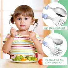 2 Pieces Toddler Utensils Stainless Steel Fork And Spoon Baby Silverware Set, Kid Utensils Children's Flatware Kids Cutlery Set With Round Handle For LunchBox