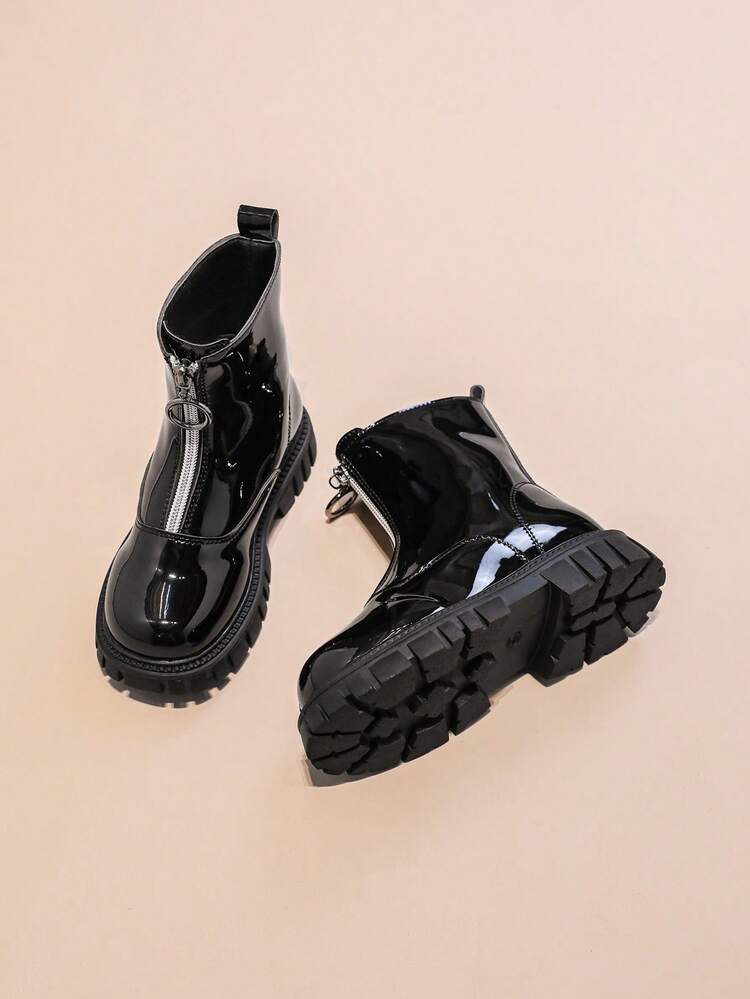 1 Pair Children's Solid Color Front Zipper Boots, Suitable For School, Commuting, Outdoor Play, Autumn/Winter - Black - View 5
