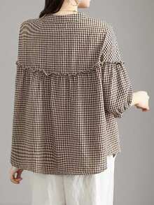 Retro Stylish Loose Plaid Plus Size Casual Shirt - Khaki - View 3