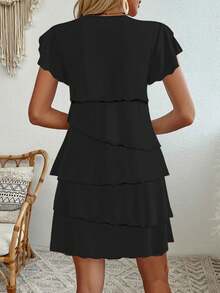 Vestido de capas suelto y favorecedor para mujer, de manga corta, largo midi, para primavera/verano - Negro - Ver 2