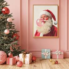 1pc, Canvas Wall Art, Christmas Framed Wall Decor, Fashionable Pink Santa Claus Blowing Giant Pink Bubblegum, Playful Girlish Home Accent, Festive Seasonal Decoration, Adds Joy To The Holidays, Christmas Decor, Christmas Poster, Winter Decor, Christmas Bathroom Accent, Christmas Home Decor, Room Accent, Dormitory Decor, Bedroom Accent, Living Room Decor, Office Decor, Dining Room Accent