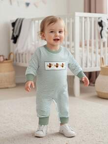 Baby Boy Thanksgiving Stripe Romper Casual Turkey Embroidery Long Sleeve Jumpsuit For Infant Toddler Cute Outfit - Green - View 9