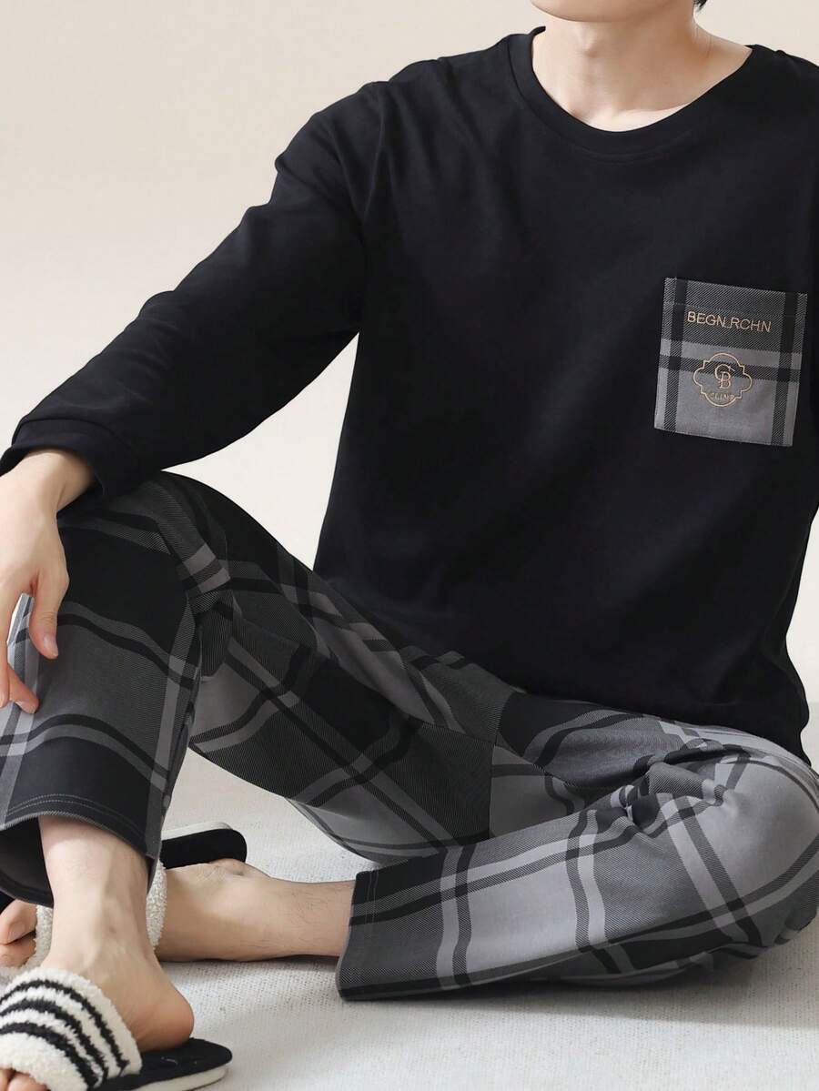 2 piezas Conjunto de pijama para hombre, camiseta de cuello redondo de manga larga y pantalón largo, ropa de estar en casa transpirable y que absorbe la humedad, para primavera/verano/otoño/invierno, ropa de otoño