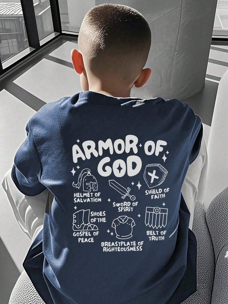 Tween Boy Casual Graphic Print Crew Neck Short Sleeve T-Shirt, Summer Top - Navy Blue - View 1