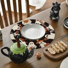 1/2/4pcs Ghost Pattern Halloween Round Placemats, Black Holiday Round Dining Table Mats, Suitable For Party, Kitchen, Dining, Breakfast, Coffee Decor
