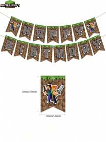 Minecraft 19 件  官方授权生日装饰气球套装，包括气球和旗帜横幅卡通主题场景设置生日派对用品节日装饰精美拍照背景装扮饰品