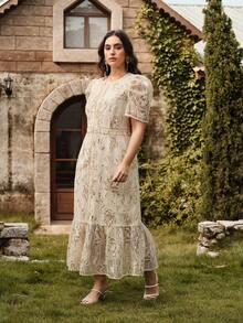 Anewsta 优雅纹理杏色短袖圆领连衣裙，春夏 - 查看 4