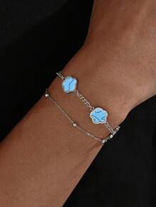 1pc Stainless Steel Men's Fashionable Five Leaf Clover Double-Layer Chain Bracelet For Daily Decoration - Bracelet - View 12