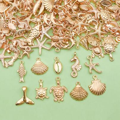 50 piezas de encantos de estrellas de mar de vida marina de estilo dorado KC aleatorio para hacer collares, aretes, pulseras y accesorios de joyería de verano a granel para manualidades DIY