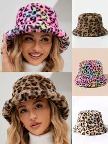 1 件女式人造毛皮柔软纹理扎染彩色图案豹纹印花渔夫帽，适合秋冬户外，休闲，时尚，百搭，男女通用 - A - 查看 12