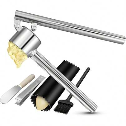 5-In-1 Stainless Steel Garlic Press Set With Large Chamber & Mincer - Heavy Duty Rustproof Garlic Crusher With Ergonomic Handle, Dishwasher , Easy Squeeze Design Ginger, Nuts, Herbs (Large) JXWD