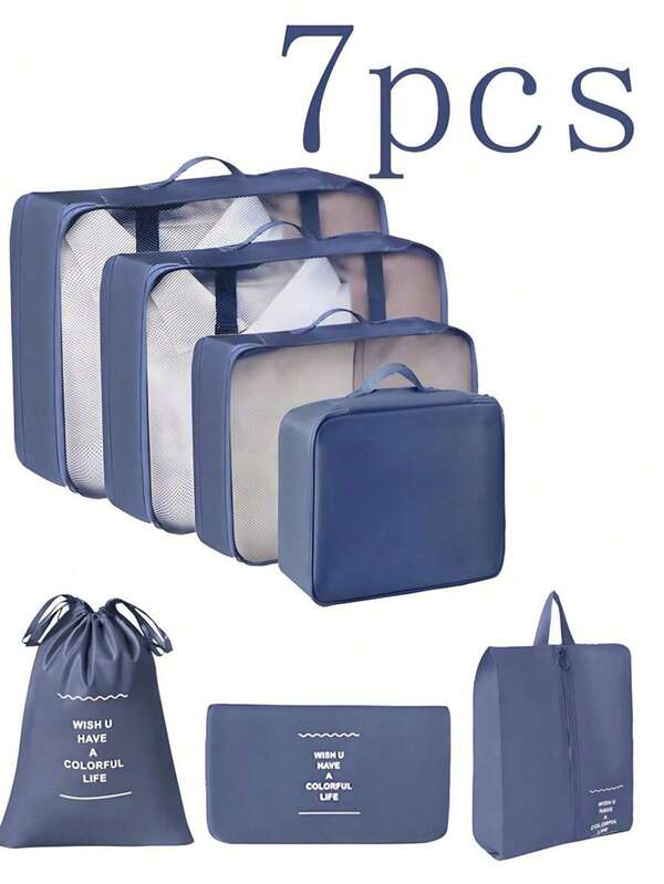7pcs/Set Travel Packing Cubes, Waterproof Organizer Bags, Clothes Storage Bags, Luggage Packing Organizers, Underwear Bags, Waterproof Zipper Pouches, Packing Cubes, Travel Essentials, Dorm Necessities, Back To School Nylon Bags, Student & Teacher, Back To School Backpacks, Beach Vacation, Boho Style