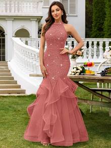 Sequin Floral Lace Contrast Mesh Backless Ruffle Hem Formal Party Maxi Dress, Elegant Ladies Party Gown, Formal Evening Dress, Ball Gown, Suitable For Wedding Guest, Graduation Ceremony, Gala Dinner And Other Occasions Spring - Dusty Pink - View 4