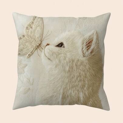 1 件 2D 平面印花白猫和蝴蝶枕套，18 英寸 X 18 英寸 - 非真刺绣，柔软舒适的装饰靠垫套，适用于农舍、办公室、家庭、客厅、卧室装饰 | 精美装饰抱枕，不含枕芯，2D 平面