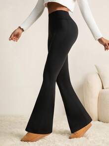 女士畅销高腰弹力纯色喇叭紧身裤 - 春夏秋季瑜伽、跑步和休闲装 - 黑色 - 查看 5