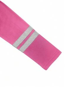 Striped Patchwork Print Sports Long Sleeve Top And Pants Set - Hot Pink - View 6