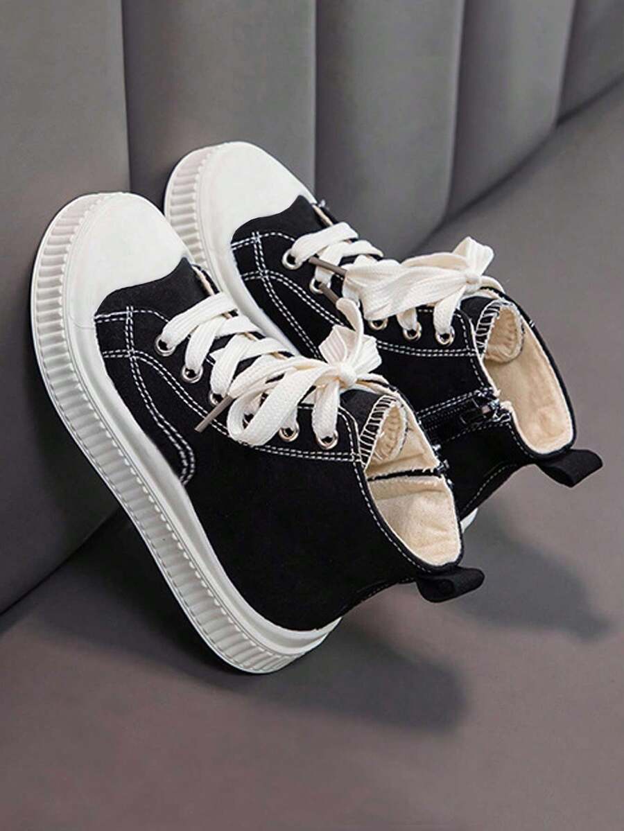 Children's Sports Shoes For Outdoor & Indoor, Boys & Girls Black Sneakers, Suitable For Spring, Summer, Autumn & Winter, Breathable Anti-Slip Zipper Design Canvas Shoes For School & Students - Black - View 1