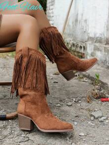 Botas femininas estilo western com franjas bordadas, corte em V, bico fino e salto bloco, estilo boêmio, sem cadarço, de cano médio, na cor marrom, combinação perfeita com suéteres para festivais de música e atividades ao ar livre - Castanho - Ver 6
