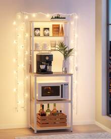 VASAGLE Scaffale da Cucina, Supporto per Forno a Microonde, Portaoggetti a 6 Ripiani con 6 Ganci per Bar, Struttura in Acciaio, Industriale, 40 x 60 x 167 cm, Colore Rovere e Bianco