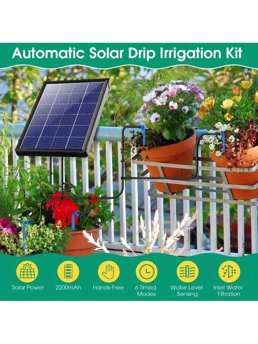 No More Overwatering! Solar Drip Irrigation - 15 Plants, 2200mAh Backup Battery, 6 Timers | Garden Greenhouse Patio Plants - Black - View 1