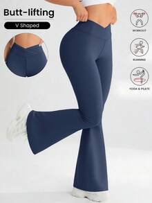 YZMJAFU 女士高腰喇叭裤，交叉弹力腰带设计，休闲百搭修身阔腿裤，弹力面料，凸显曲线，瑜伽/健身紧身打底裤，高腰裸感提拉收腹裤 - 柔软材质 - 藍色 - 查看 9