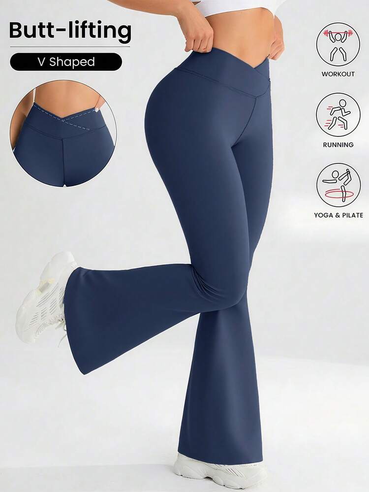 YZMJAFU 女士高腰喇叭裤，交叉弹力腰带设计，休闲百搭修身阔腿裤，弹力面料，凸显曲线，瑜伽/健身紧身打底裤，高腰裸感提拉收腹裤 - 柔软材质 - 藍色 - 查看 8