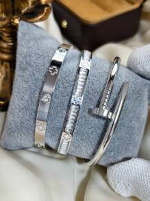 4pcs Luxury Stainless Steel Rhinestone Clover & Star Bangle Bracelet Set, Vintage Elegant Jewelry Suit For Women, Suitable For Daily Wear, Gift, Party, Fashionable Christmas Present - Gold - View 11