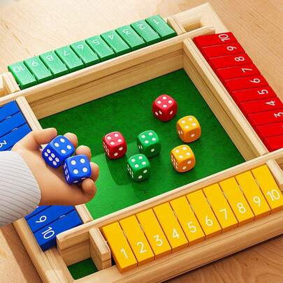 木盒游戏（2-4人） - 大型四面游戏板，8颗骰子，说明书 - 适合所有年龄段的趣味加法游戏