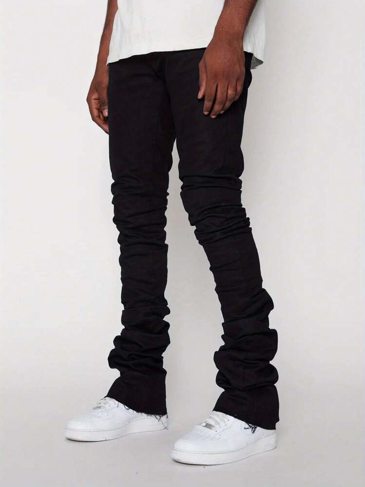 Men's Slim Fit Denim Pants Mid Rise Tapered Leg Stacked Jeans Soft Stretch Denim Pants - Black - View 4