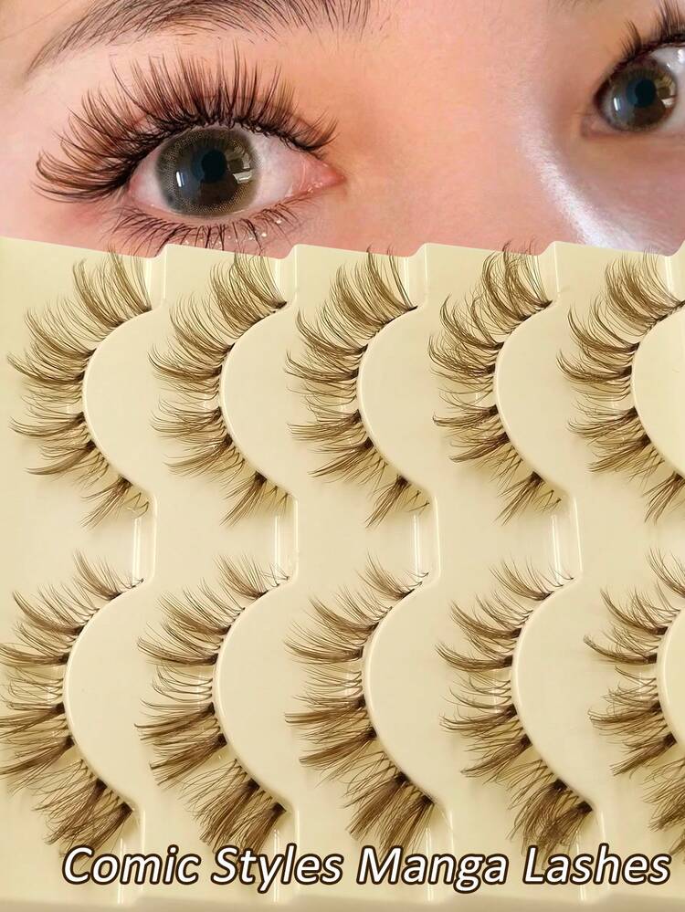 Rikuaild 5 Pairs Cartoon Style Brown False Eyelashes, Anime Style, Fluffy & Natural, Lightweight & Soft, Time-Saving, Brown Lash Extension Tools, Cartoon Doll Transparent Band, Reusable, Natural Lash Look, Makeup False Lashes - Cat Eye Lashes - View 1