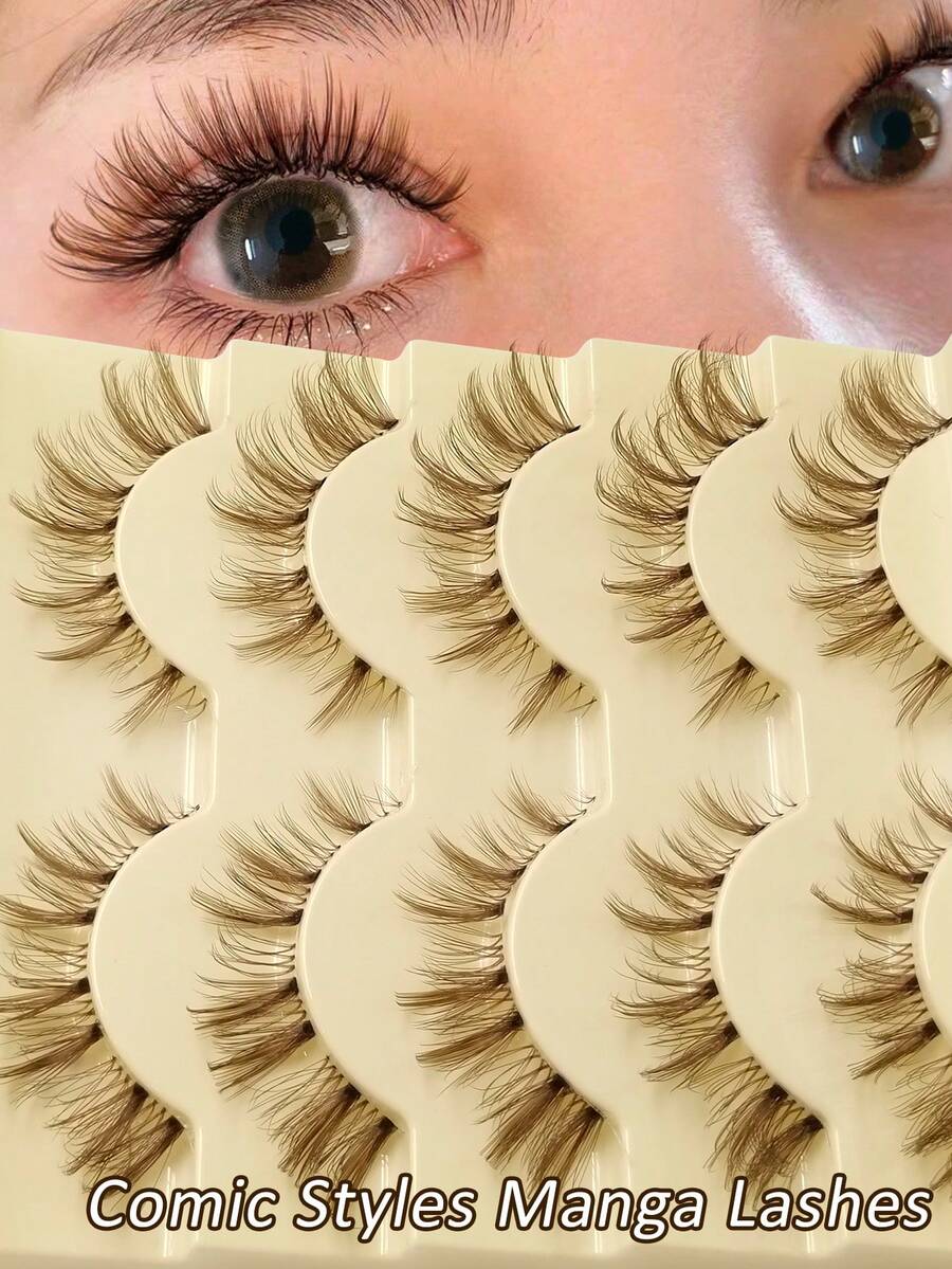 Rikuaild 5 Pairs Cartoon Style Brown False Eyelashes, Anime Style, Fluffy & Natural, Lightweight & Soft, Time-Saving, Brown Lash Extension Tools, Cartoon Doll Transparent Band, Reusable, Natural Lash Look, Makeup False Lashes - Cat eye Lashes - View 1