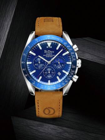 BIDEN 男士腕表，休闲运动计时表，带夜光、日期显示，男士商务石英表。防水，真皮表带