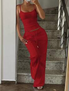 Casual Versatile Solid Color Camisole & Sweatpants Set Summer Red Elegant - Red - View 2