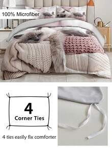 2/3pcs Cat Pattern Digital Printing Polyester Duvet Cover Set, Cute Modern Bedding Set Suitable For All Seasons, Soft & Breathable, Machine Washable, Zipper Closure (1 Duvet Cover + 1/2 Pillowcase, Excluding Filler) - Multicolor - View 6
